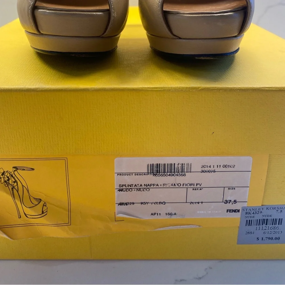 FENDI Spuntata White Floral Heel Platform Peep Toe Nude Shoes Size 7.5 - Picture 10 of 11